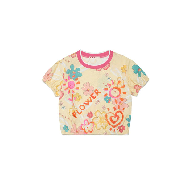 Girls Cream Flowers Printed Half Sleeves Top