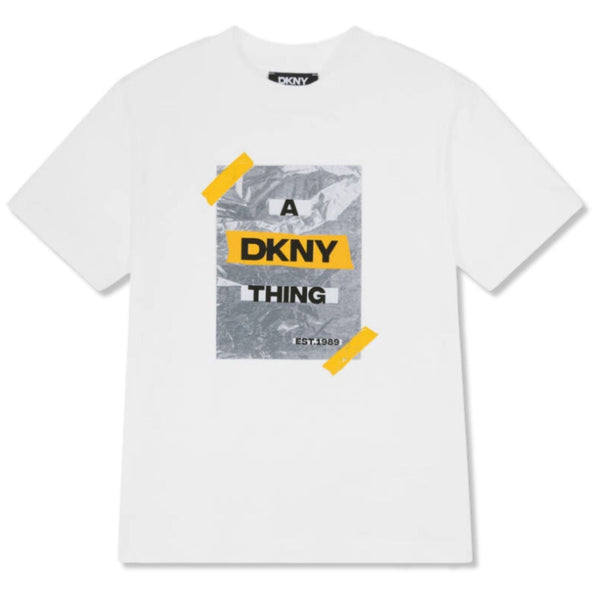 Boys White Tape Logo-Print T-Shirts