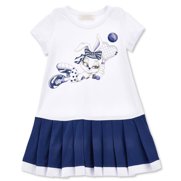 Girls White & Blue Dress with Glam Print