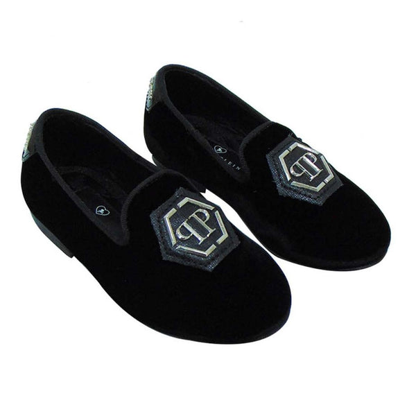 Boys Black Velvet Logo Plaque Loafers