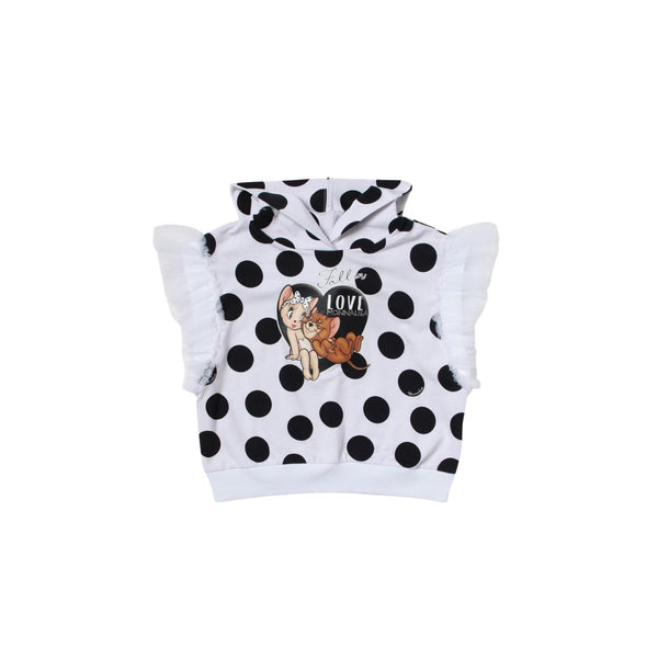 Girls White Jerry Tulle Sleeve Polka Dot Hoodie