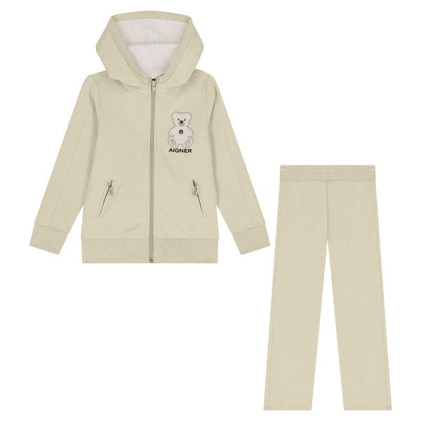 Girls Beige Teddy Bear Logo-Patch Tracksuits