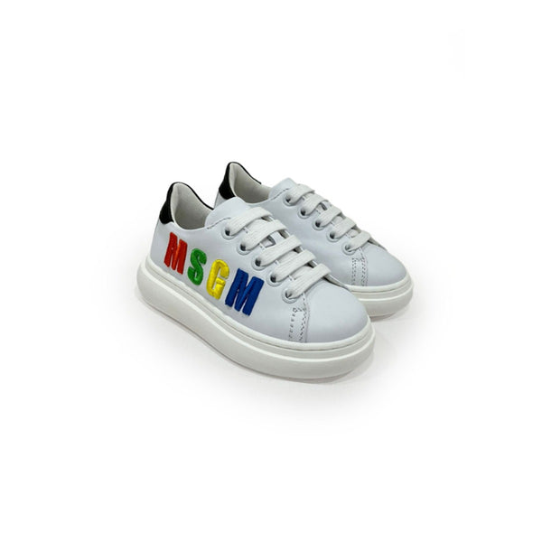 White Embroidered Logo Leather Sneakers
