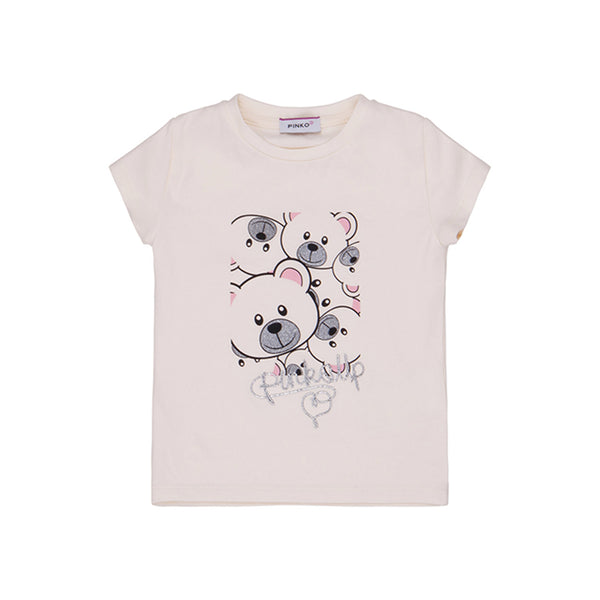 Girls Cream Teddy Print Cotton T-Shirt
