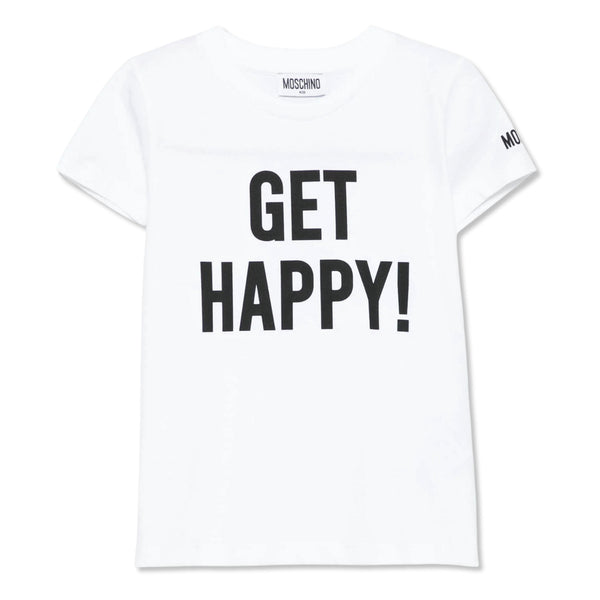 Unisex White Get Happy Print Cotton T-Shirt