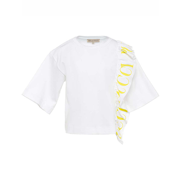 White T-Shirt with Yellow Logo Printed Side Frills