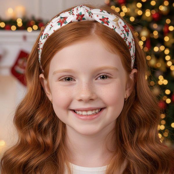 Girls White Embroidered Xmas Headband