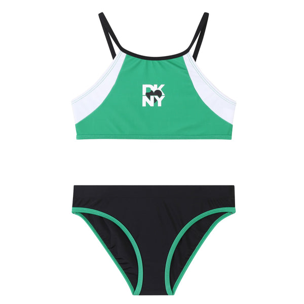 Girls Green & Black Logo-Print Bikini Set