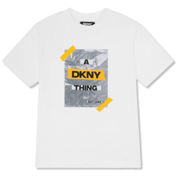 Boys White Tape Logo-Print T-Shirts