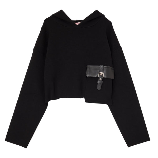 Girls Black Mock-Neck Pocket-Detail Hoodies