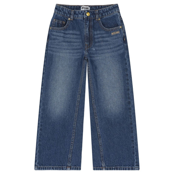 Girls Blue Embroidered-Logo Wide Leg Jeans