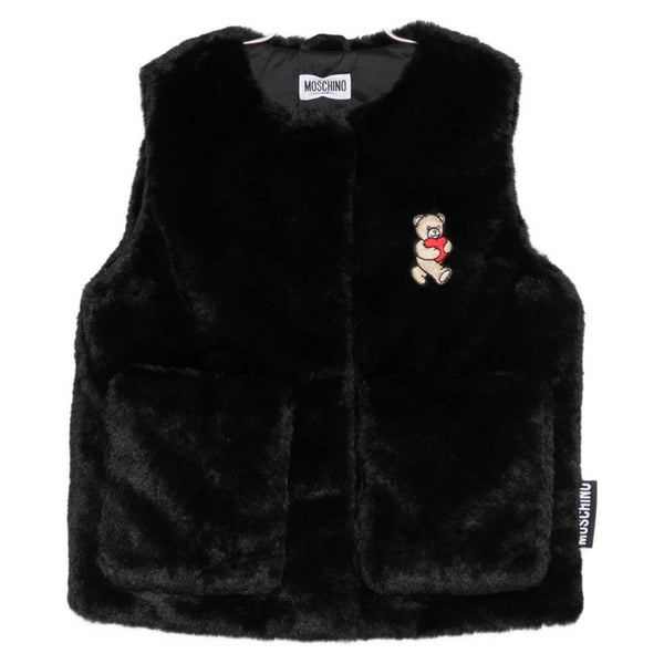 Girls Black Teddy Bear Embroidered Gilet