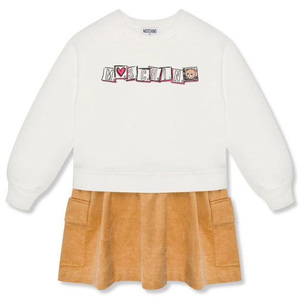 Girls White & Beige Logo-Print Dress