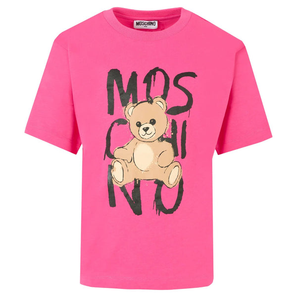 Girls Pink Teddy Bear Logo-Print T-Shirts