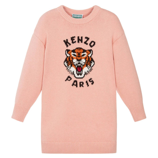 Girls Pale Pink Knitted Lucky Tiger Dress