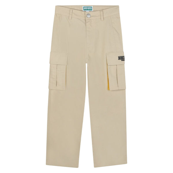 Boys Beige Logo-Patch Cargo Trouser
