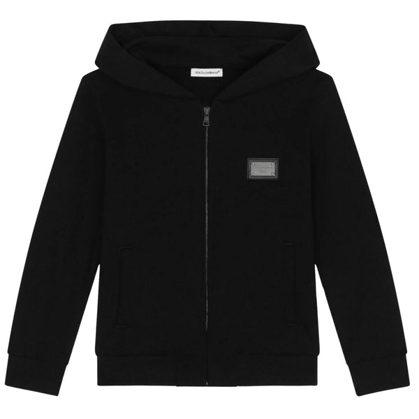 Boys Black Zip-Up Logo-Patch Hoodies