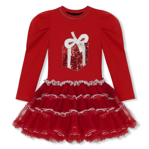 Girls Red Gift Box-Print Sequence Work Dresses