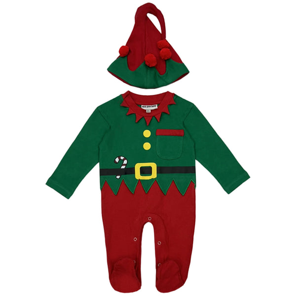 Baby Unisex Green & Red Christmas Rompers With Cap