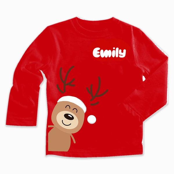 Girls Red Personalised Happy Reindeer T-Shirt