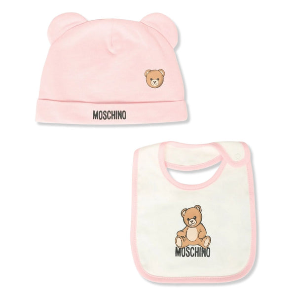 Baby Girls Pink & White Logo-Print Bib & Hat Set