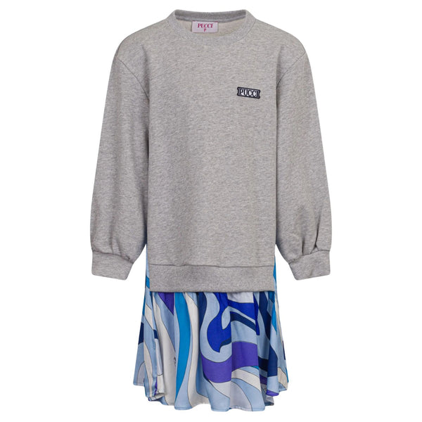 Girls Grey Sweatshirt Dress with Blue Printed Skirt