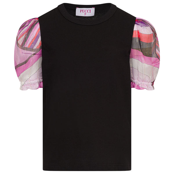 Girls Black Logo-Print Floral Sleeves T-Shirt