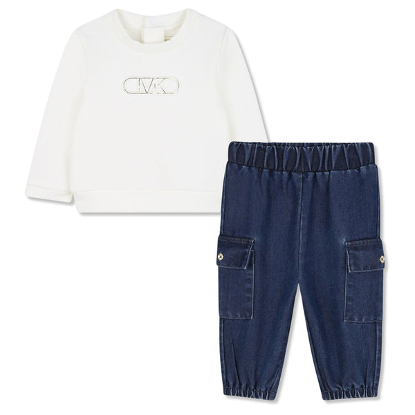 Baby Girls White & Blue Logo-Patch Leggings Set