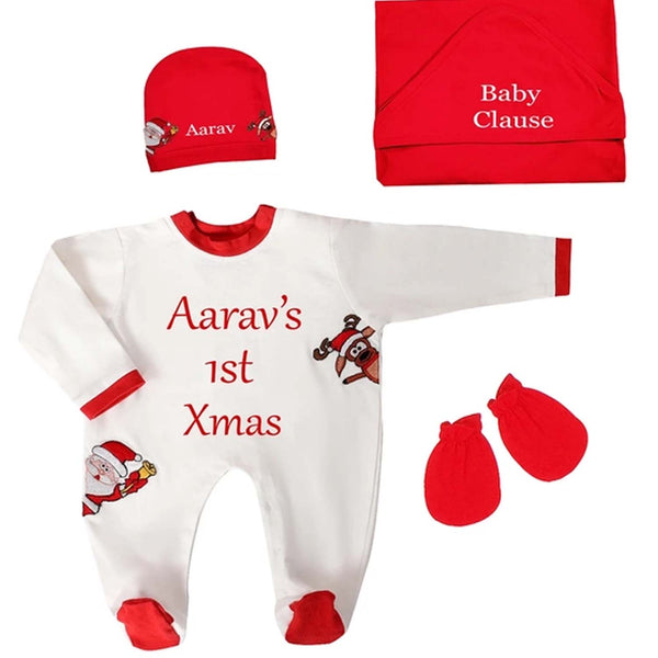 Baby Boys White Personalised Xmas Rompers Set of (4)