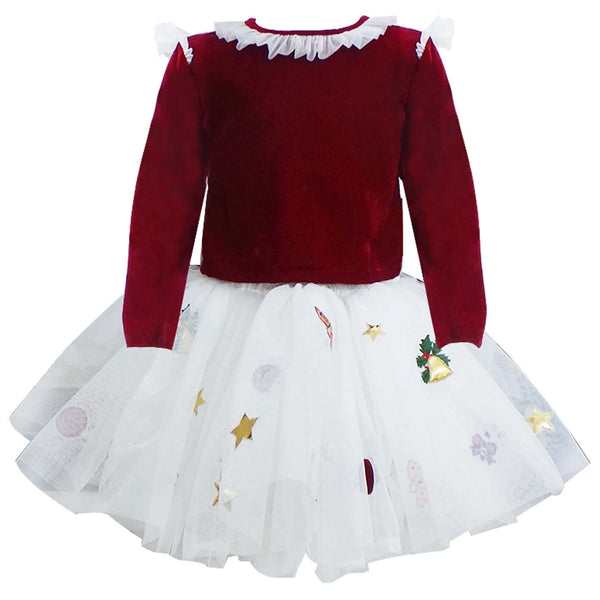 Girls Red & White Xmas Velvet Skirt Sets
