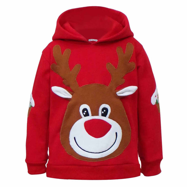 Boys Red Reindeer Patched Hooded Sweatshirts