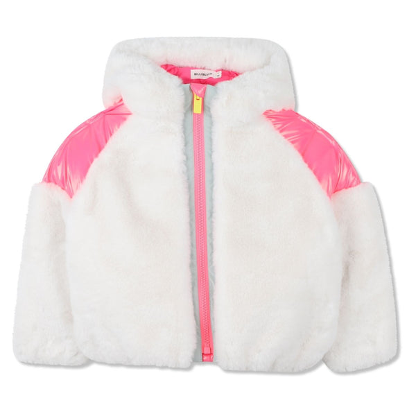 Girls Ivory & Neon Pink Faux Fur Jackets