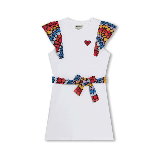 Girls White Heart-Print Belt Cotton Dress