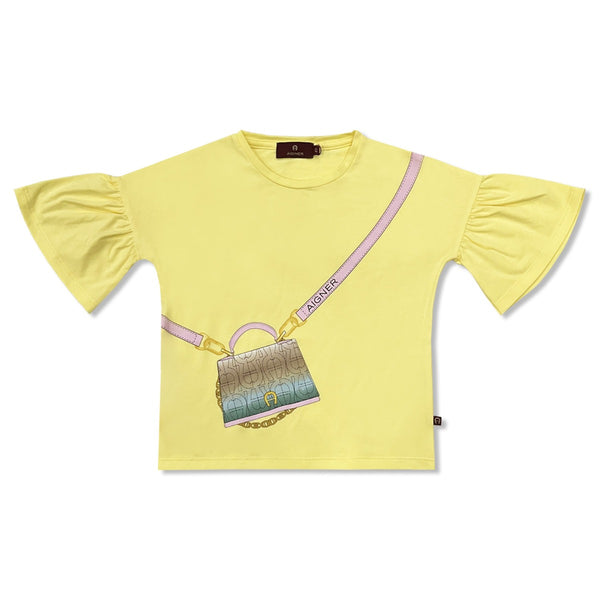 Girls Yellow Cotton Bag Print T-Shirt