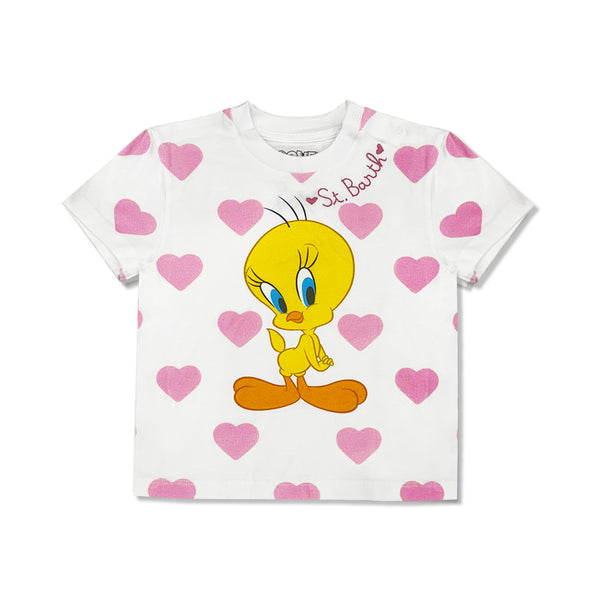 Girls White Heart-Print Cotton T-Shirt