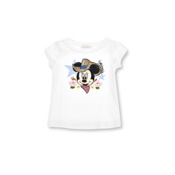 Girls White Minnie Print Half Sleeves T-shirt
