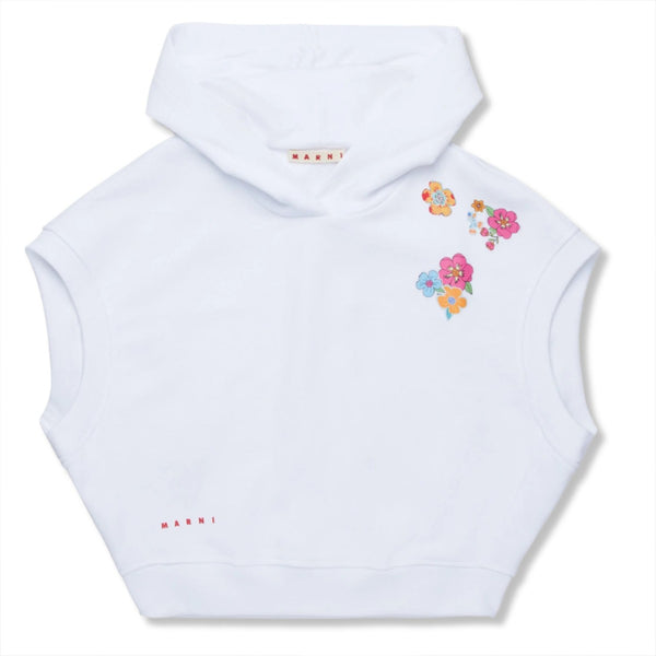 Girls White Flower-Print Hooded Top