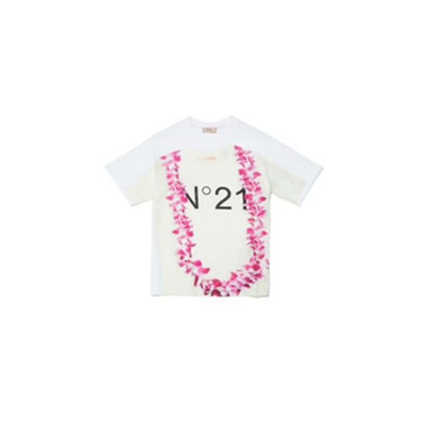 Girls White Jersey T-shirt With floral Print And Logo
