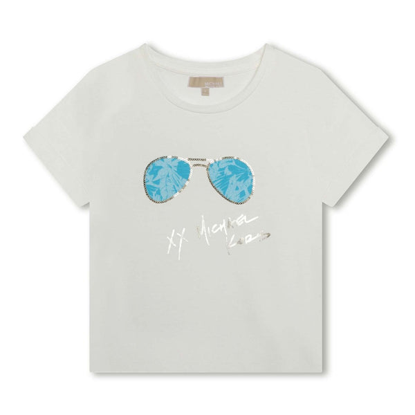 Girls White Sunglass-Print Cotton T-Shirt