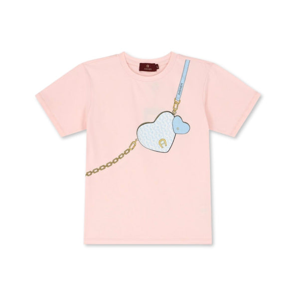 Girls Pink Cotton Handbag-Print T-Shirt
