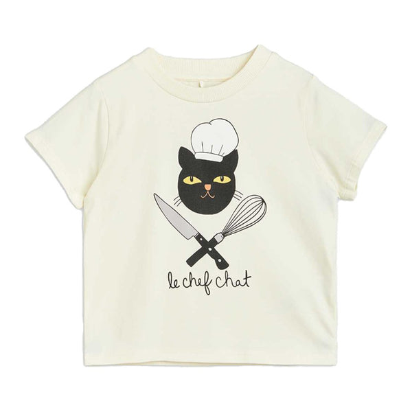 Girls White Chef Cat Print Half Sleeves T-Shirt