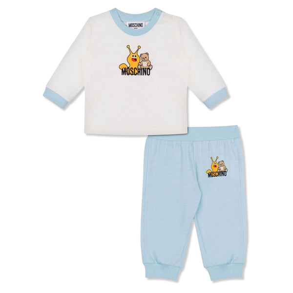 Baby Unisex White & Blue Logo-Print Trousers Set