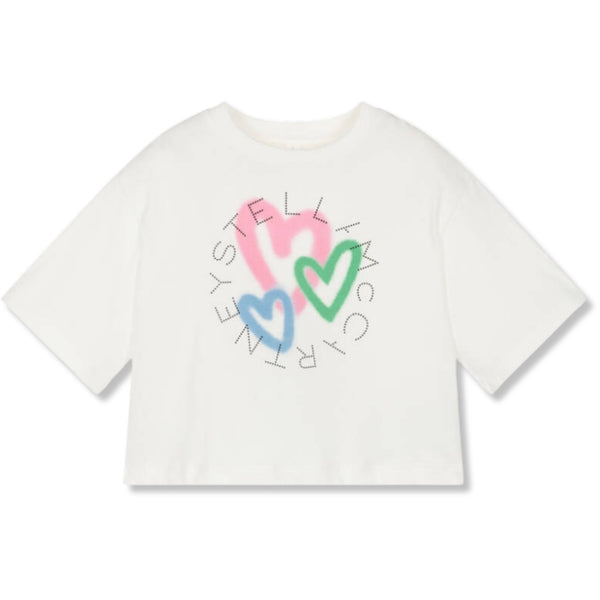 Girls White Heart Print Cotton T-Shirt