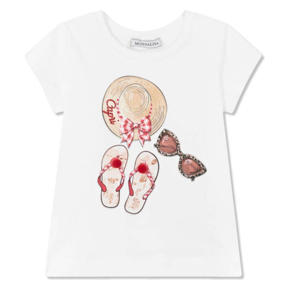 Girls White Graphic Print Cotton T-Shirt