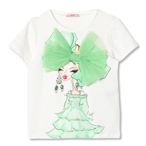 Girls White Bow-Patch Printed T-Shirt