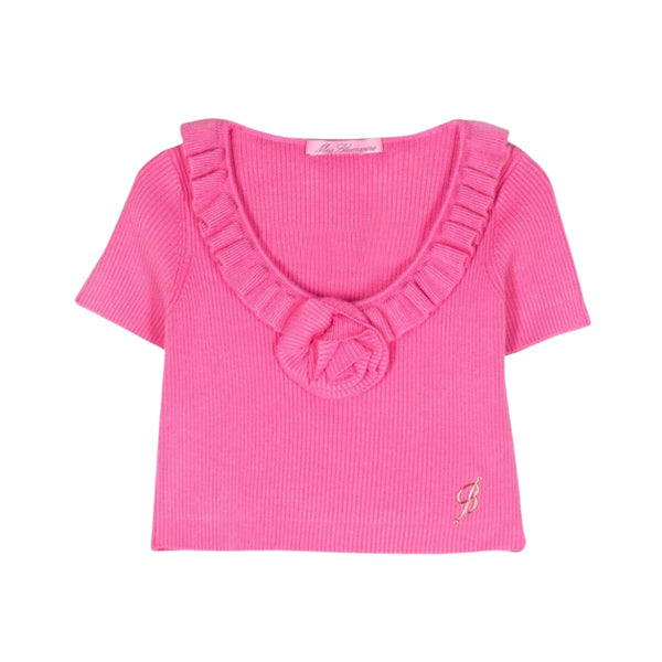 Girls Pink Floral-Applique Ribbed Top