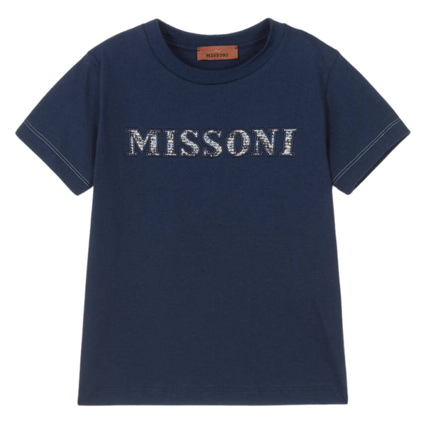 Boys Blue Cotton Tweed Logo T-Shirt