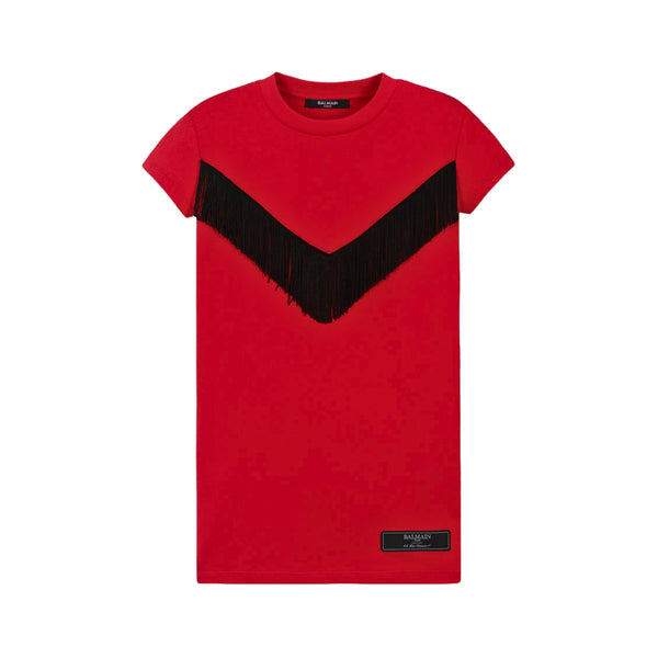 Girls Red Cotton Fringed Dress