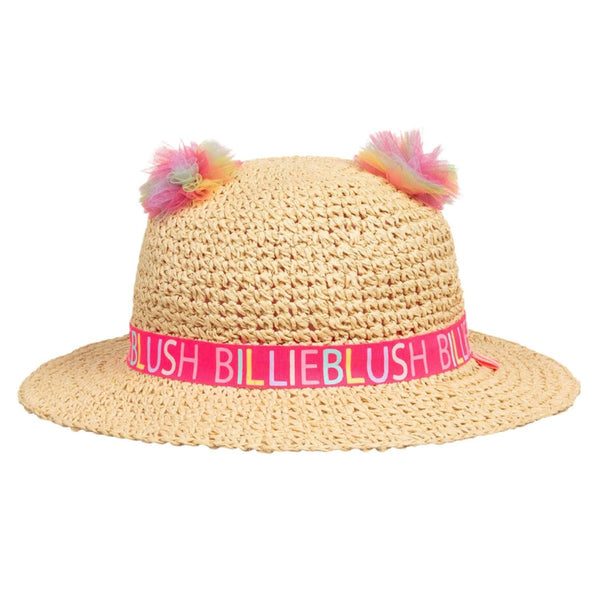 Girls Beige Straw Tulle Pom Pom Hat