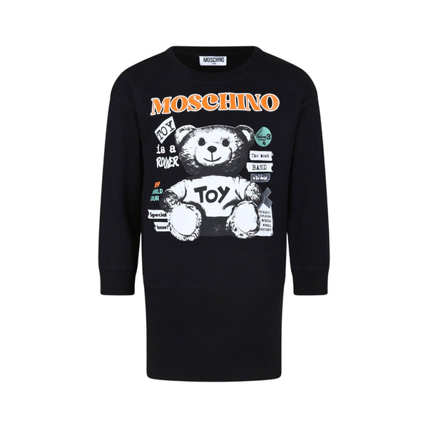 Girls Black Teddy Bear-Print Long-Sleeve Dress